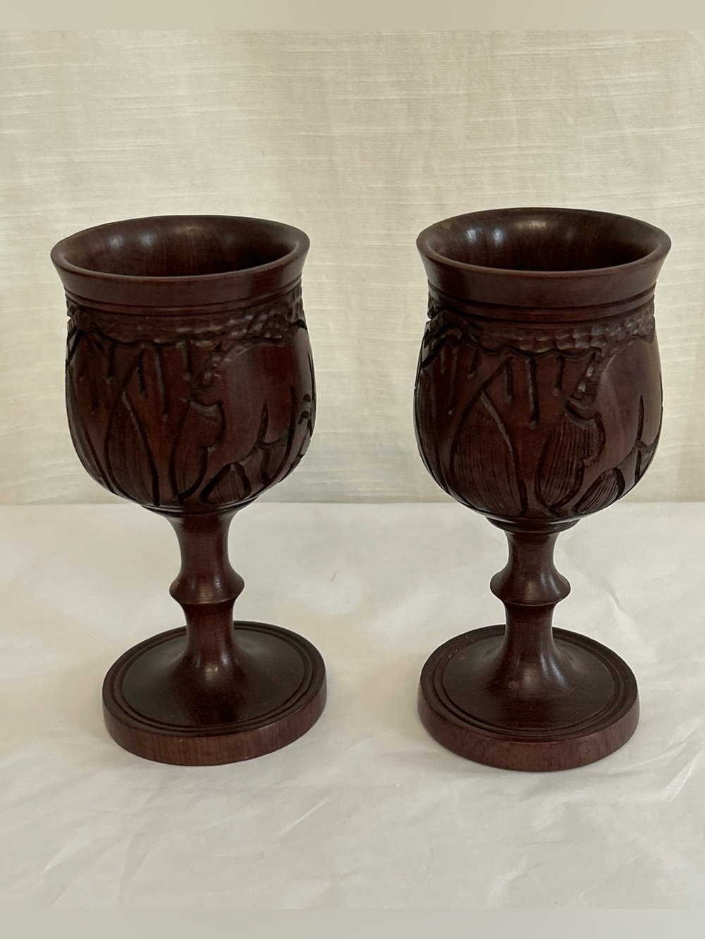 Vintage Hand Carved African Animal Wooden Goblets - Pair, Dark Brown